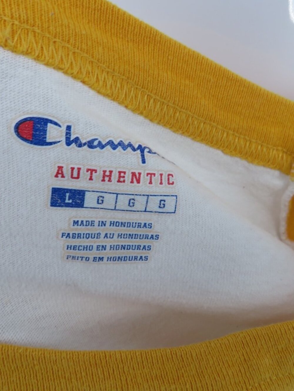 Champion Oberlin Athletics Raglan Shirt Yellow White Large Vintage 3/4 Sleeve - Picture 4 of 5
